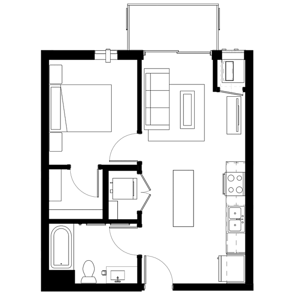 A floor plan of a house with a kitchen, living room, and two bedrooms.