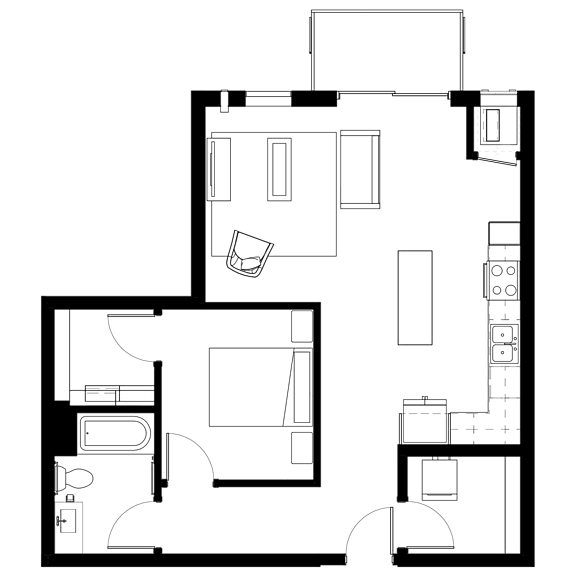 A floor plan of a two-bedroom apartment with a kitchen and living room.