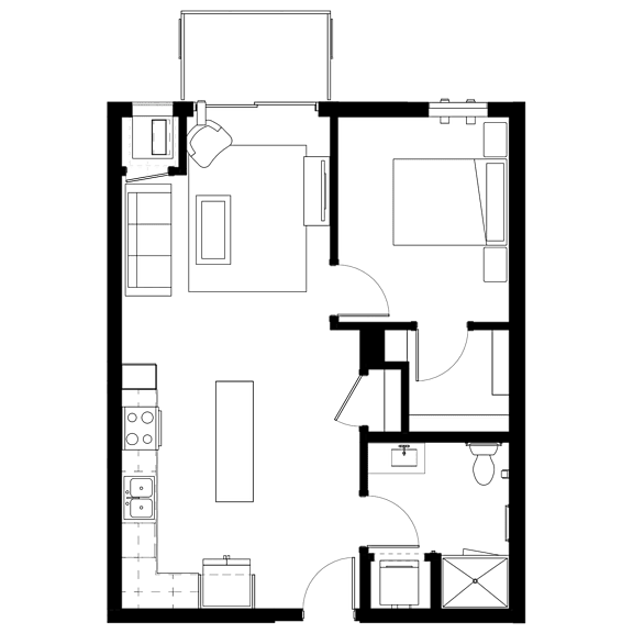 A black and white image of a floor plan with various rooms and furniture.