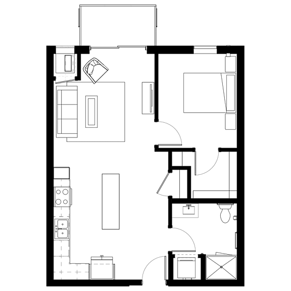 A black and white floor plan of a house with a kitchen, living room, and bathroom.