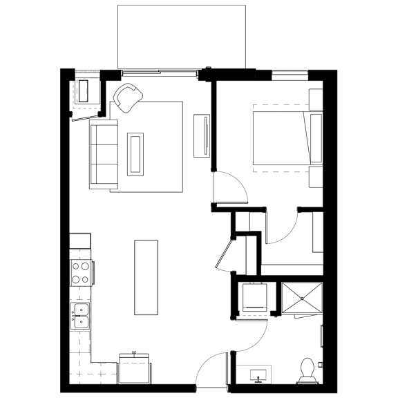 A floor plan of a house with a kitchen, living room, and two bedrooms.