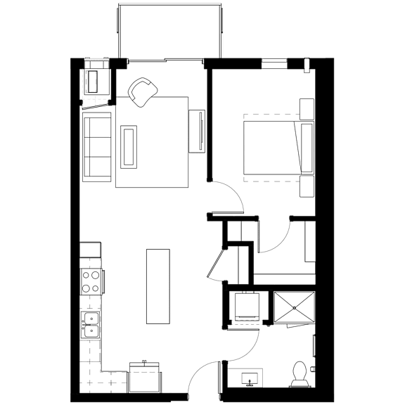 A floor plan of a house with a kitchen, living room, and two bedrooms.
