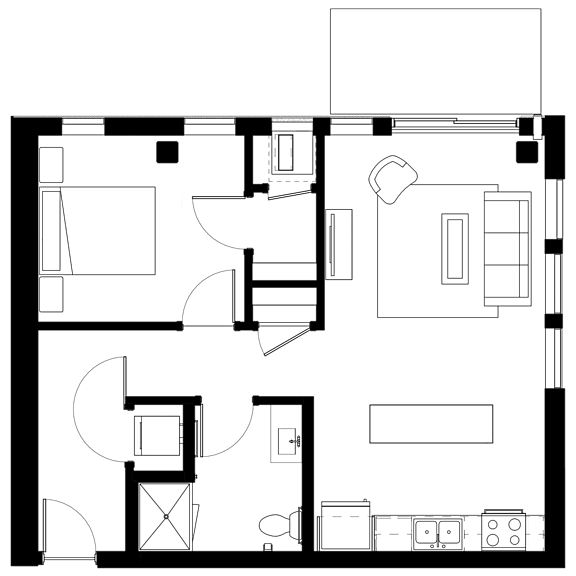 A floor plan of a house with a kitchen, living room, and two bedrooms.
