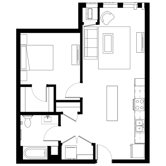 A floor plan of a house with a kitchen, living room, and bathroom.