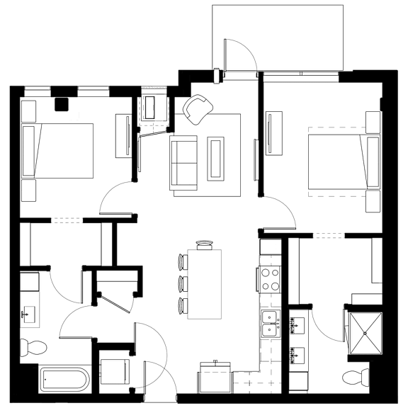 A floor plan of a house with a kitchen, living room, and bedrooms.