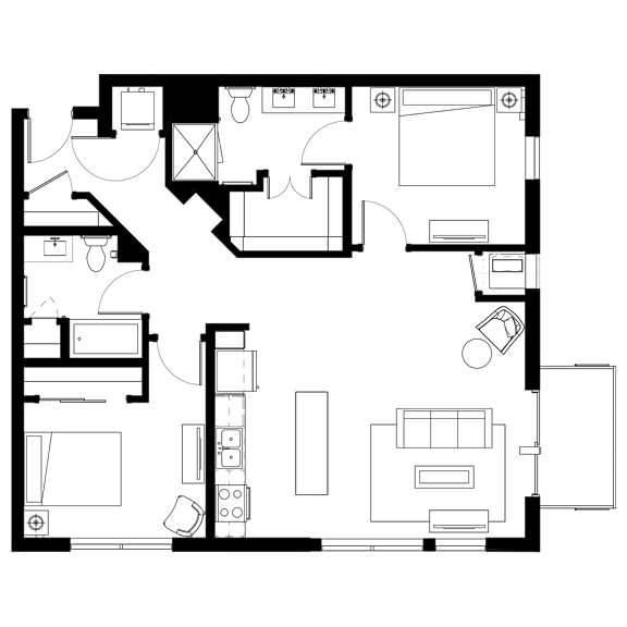 A black and white floor plan of a house with multiple rooms.