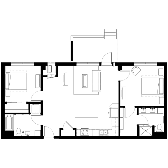 A floor plan of a house with a kitchen, living room, and two bedrooms.