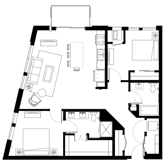 A black and white floor plan of a house with multiple rooms.