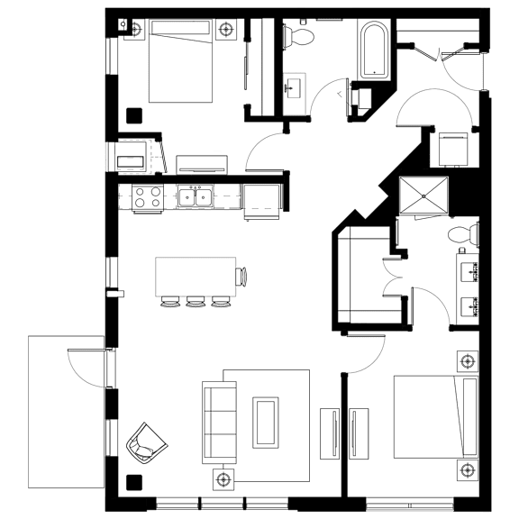 A floor plan of a house with a kitchen, living room, and bathroom.