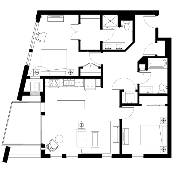 A floor plan of a house with a kitchen, living room, and bedrooms.
