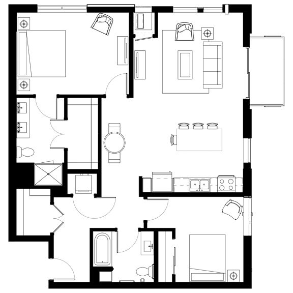 A floor plan of a house with a kitchen, living room, and bathroom.
