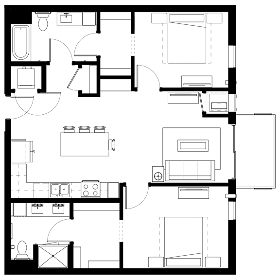 A floor plan of a house with a kitchen, living room, and two bedrooms.