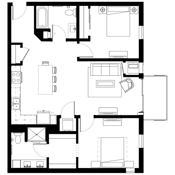 A floor plan of a house with a kitchen, living room, and bathroom.