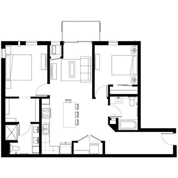 A floor plan of a house with a kitchen, living room, and two bedrooms.