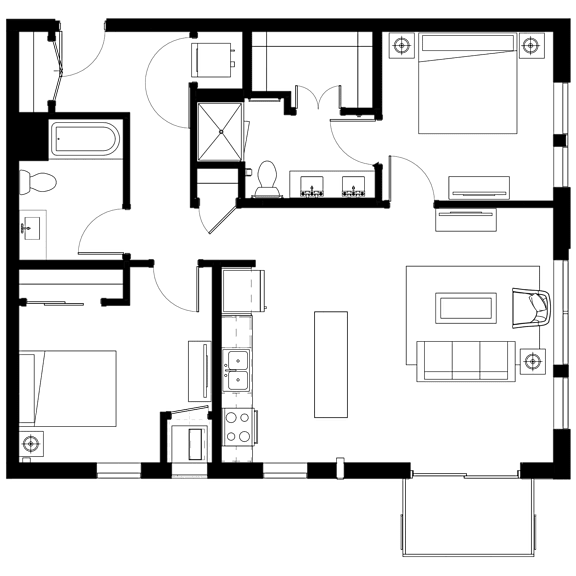 A floor plan of a house with a kitchen, living room, and bedrooms.
