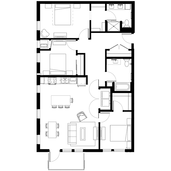 A floor plan of a house with multiple rooms and furniture layout.