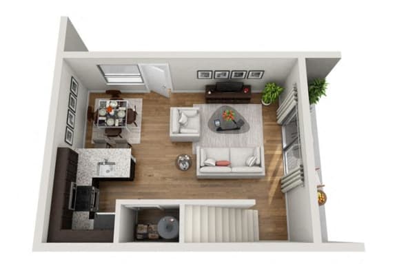 2 Bed 1 Bath 895 square feet floor plan townhouse 3d furnished