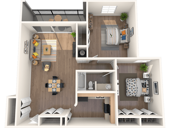 Pet-Friendly Apartments in Tampa, FL – Belara Lakes - 3D floorplan of our 2 bed, 1 bath 1,074 sq. ft. Flamingo floorplan