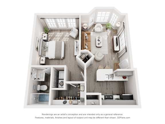 A 3D floor plan of a house with a kitchen, living room, and bathroom.