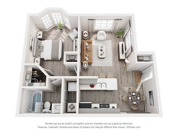 A 3D floor plan of a house with a kitchen, living room, and two bedrooms.