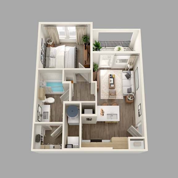 A 3D floor plan of a small apartment with a bedroom, living room, kitchen, and bathroom.