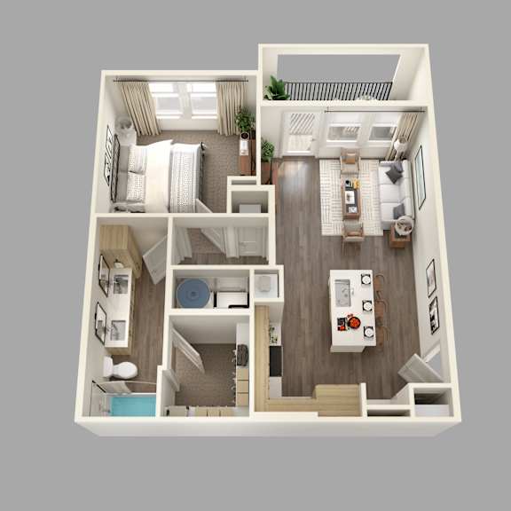 A 3D rendered image of a modern apartment layout.