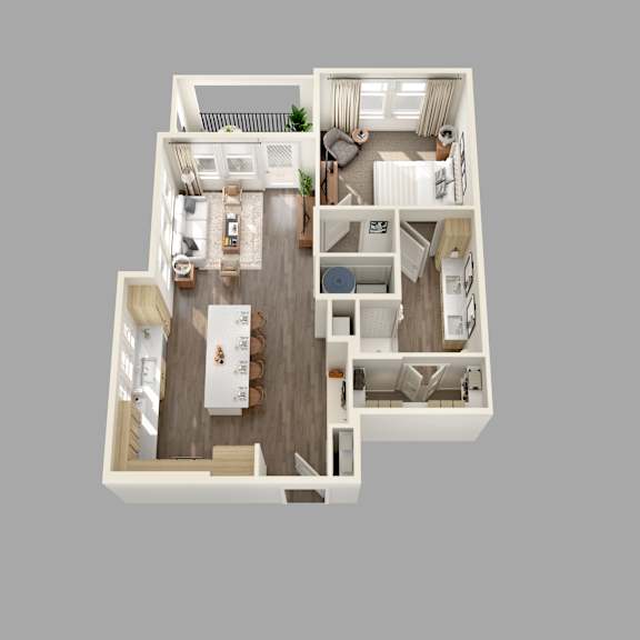 A top-down view of a house layout with a kitchen, living room, and bedrooms.
