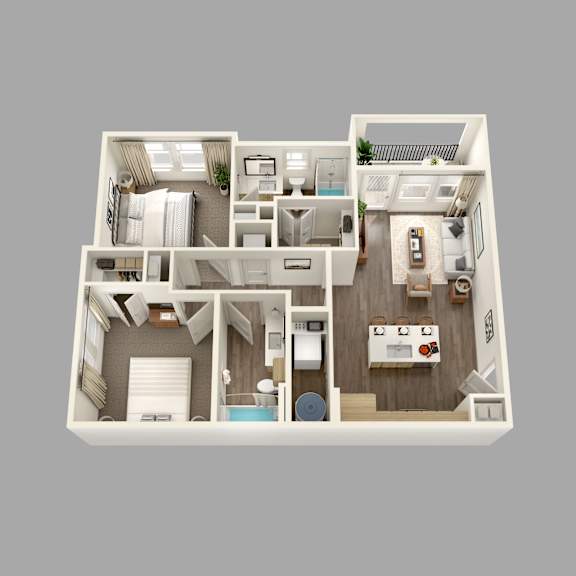 A 3D rendered image of a house layout.