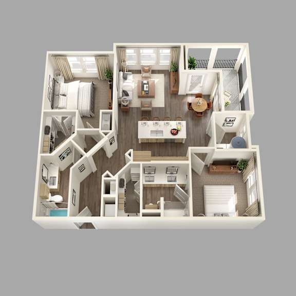 A top-down view of a two-bedroom apartment with a living room, kitchen, and bathroom.