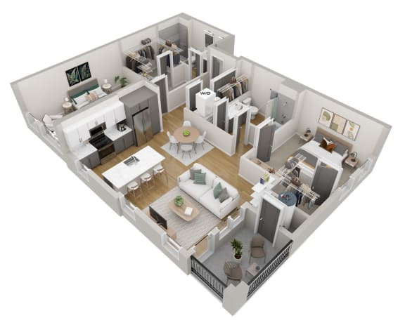 3d floor plan of a home with a bedroom and living room