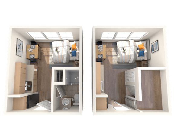 Two images of a small, neatly organized room with a bed, desk, and storage.