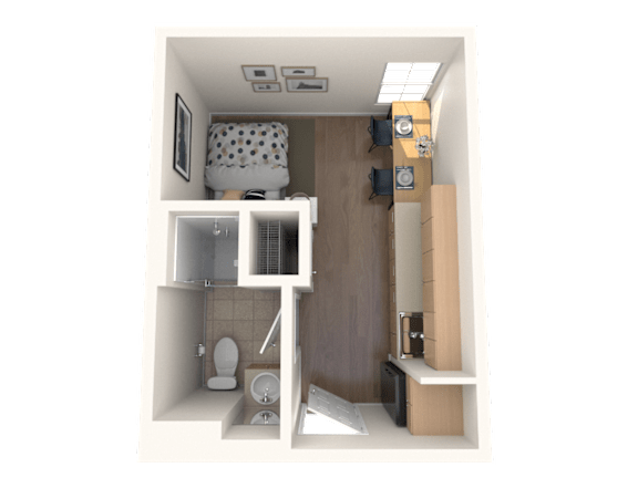 A 3D rendered image of a small, modern bathroom.