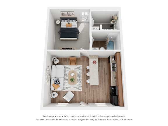 A 3D floor plan of a small apartment with a kitchen, living room, and bedroom.