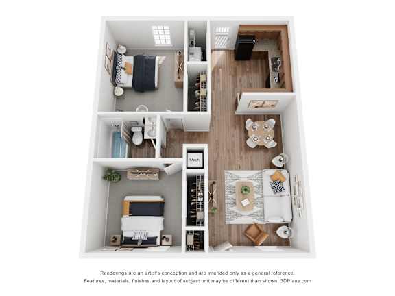 Floor Plan  A 3D floor plan of a small apartment with a kitchen, living room, and bathroom.