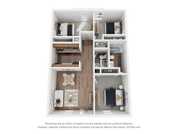 A 3D floor plan of a small apartment with a kitchen, living room, and bedrooms.