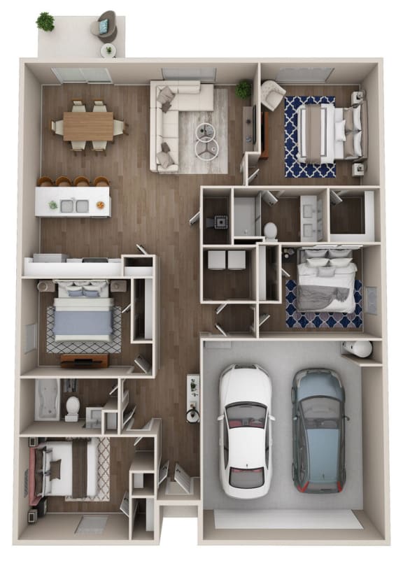 Floor Plan  a 3d rendering of a residential floor plan with cars in the garage