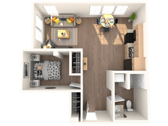 A 3D rendered image of a small apartment layout.