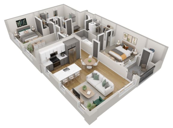 3d floor plan of a home with a bedroom and a living room