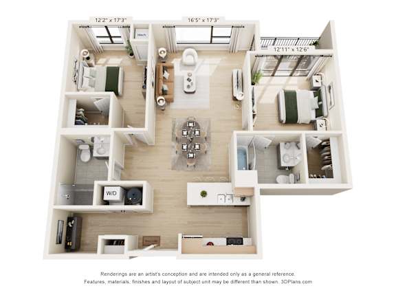A 3D floor plan of a house with a kitchen, living room, and two bedrooms.