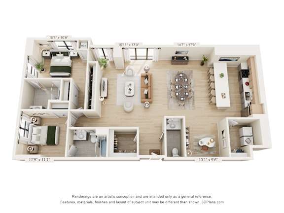 A 3D floor plan of a house with dimensions and furniture layout.