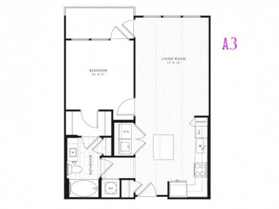 A3 1 Bed 1 Bath 740 square feet floor plan