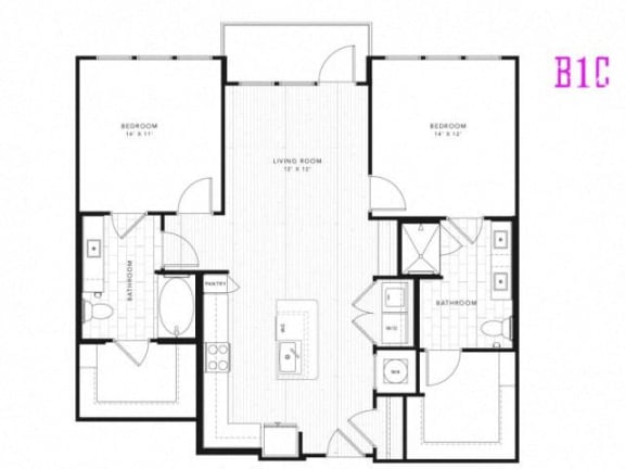 B1C, 2 Bed 2 Bath 1096 square feet floor plan