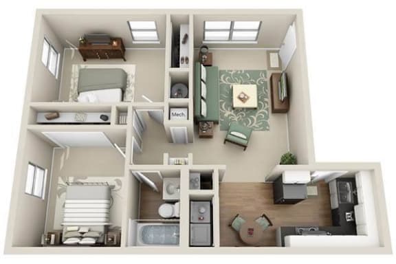 Brookview Apartments 2b2b 3D Floor Plan