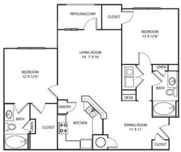 2 Bed 2 Bath, 1177 square feet floor plan The Georgia