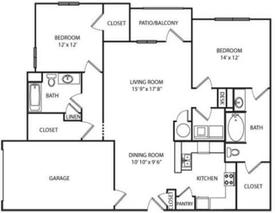 2 Bed 2 Bath, 1362 square feet floor plan The South Carolina
