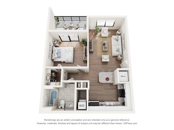 Luxury Apartments in Pompano Beach, FL – Gateway Luxury – 3D floorplan of our One bedroom apartment
