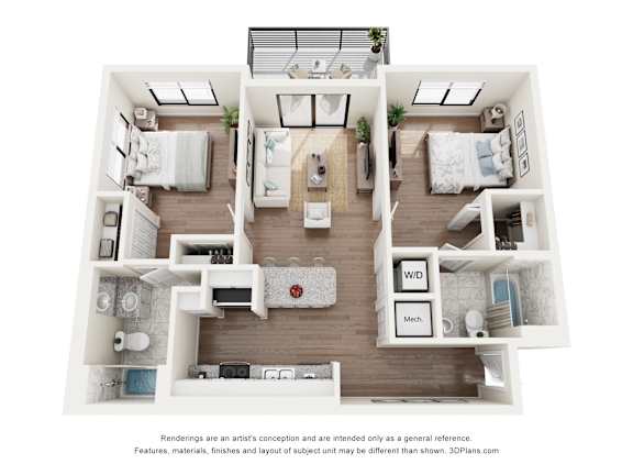 Apartments for Rent in Pompano Beach, Fl 33069- Gateway Luxury- 3D floorplan of our two bedroom with smaller balcony
