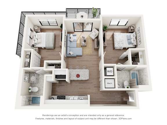 Floor Plan  Apartments for Rent in Pompano Beach, Fl 33069- Gateway Luxury- 3D floorplan of our two bedroom with wrap around balcony