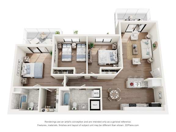 Pet-Friendly Apartments In Pompano Beach- Gateway Luxury- 3D floorplan of our three bedroom apartment