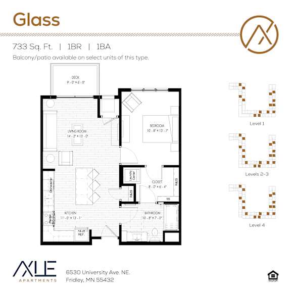 A floor plan for a 1 bedroom, 1 bathroom apartment at the Glass apartment complex.